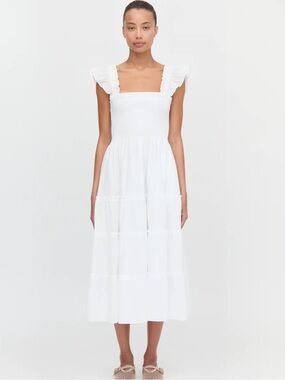 Hill House White Smocked Square-Neck Tiered Midi Dress, Size XS